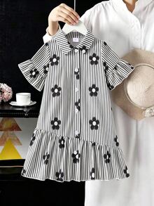 SHEIN 女童幼兒洋裝復古公主仙女風黑白條紋花卉印花短袖前扣小領夏季7歲生日禮物 - 黑色 - 查看 10