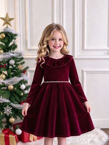 SHEIN Girls' Elegant Vintage Style Red Dress, Long Sleeve V-Neck Ruffle Shoulder Waist Beaded Dress, Suitable For Christmas, Halloween, Birthday, Spring/Autumn - Burgundy - View 4