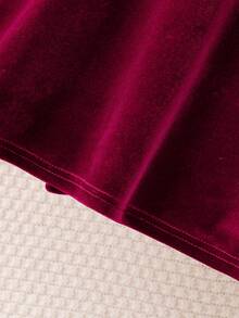 SHEIN Girls' Elegant Vintage Style Red Dress, Long Sleeve V-Neck Ruffle Shoulder Waist Beaded Dress, Suitable For Christmas, Halloween, Birthday, Spring/Autumn - Burgundy - View 6