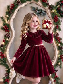 SHEIN Girls' Elegant Vintage Style Red Dress, Long Sleeve V-Neck Ruffle Shoulder Waist Beaded Dress, Suitable For Christmas, Halloween, Birthday, Spring/Autumn - Burgundy - View 1