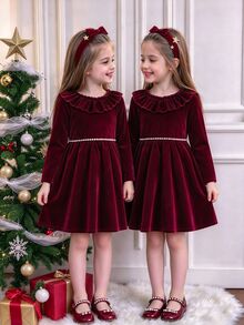 SHEIN Girls' Elegant Vintage Style Red Dress, Long Sleeve V-Neck Ruffle Shoulder Waist Beaded Dress, Suitable For Christmas, Halloween, Birthday, Spring/Autumn - Burgundy - View 8