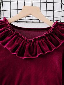 SHEIN Girls' Elegant Vintage Style Red Dress, Long Sleeve V-Neck Ruffle Shoulder Waist Beaded Dress, Suitable For Christmas, Halloween, Birthday, Spring/Autumn - Burgundy - View 5