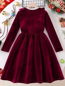 SHEIN Girls' Elegant Vintage Style Red Dress, Long Sleeve V-Neck Ruffle Shoulder Waist Beaded Dress, Suitable For Christmas, Halloween, Birthday, Spring/Autumn - Burgundy - View 2