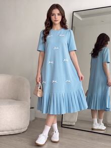 SHEIN Vestido mini plisado con mangas abullonadas y decoración de lazo para chica adolescente, elegante, azul turquesa, para fiesta, regalo, formal, baile de graduación, Sweet 16, cumpleaños, primavera, verano y vacaciones - Azul - Ver 2