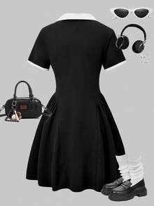 SHEIN Tween Girls Polo Collar Short Sleeve Split A-Line Mini Dress, Fashionable And Summer, Casual Cute, Daily School, Outfit Black And White - Black - View 5
