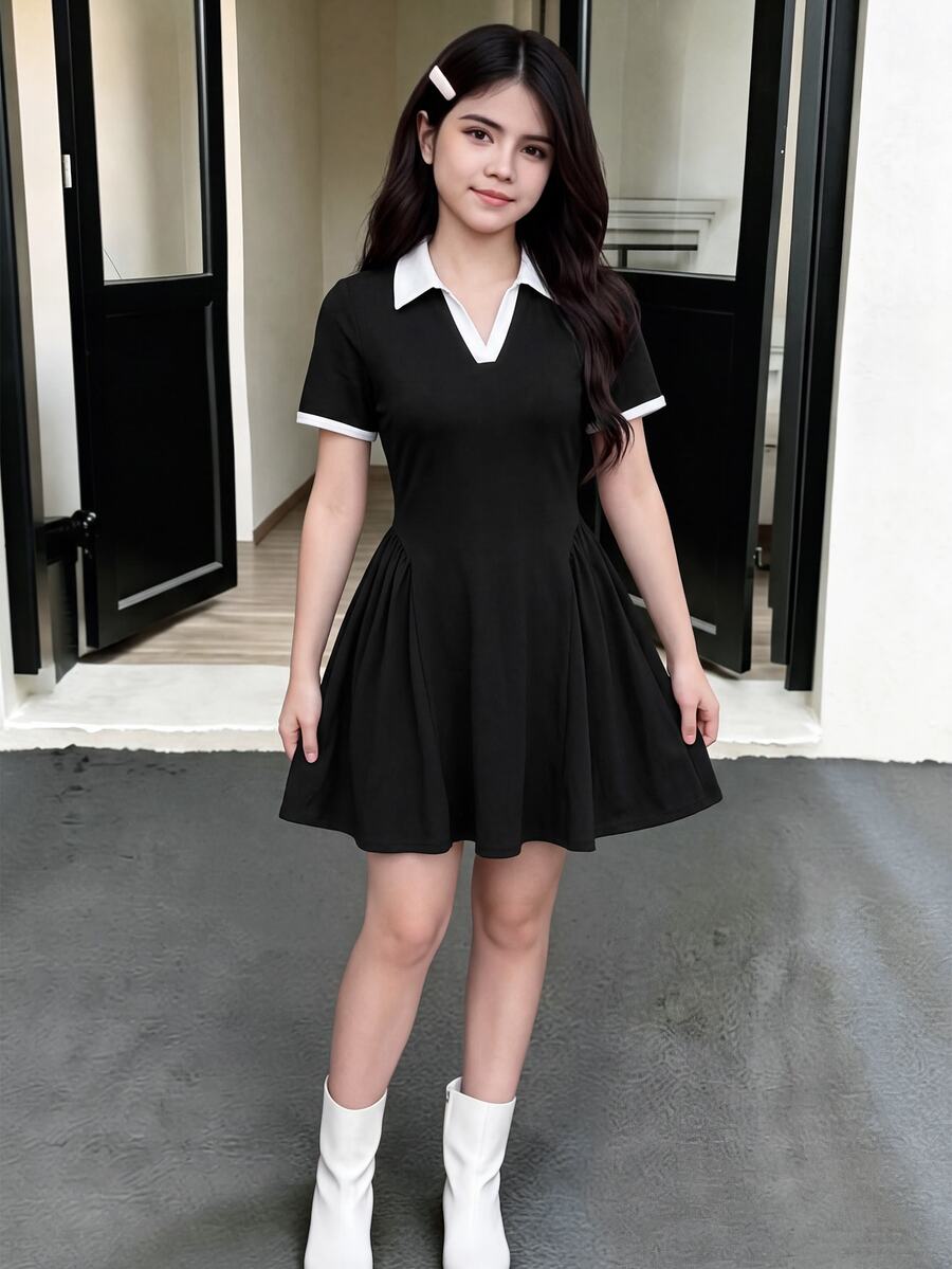SHEIN Tween Girls Polo Collar Short Sleeve Split A-Line Mini Dress, Fashionable And Summer, Casual Cute, Daily School, Outfit Black And White