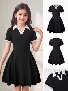 SHEIN Tween Girls Polo Collar Short Sleeve Split A-Line Mini Dress, Fashionable And Summer, Casual Cute, Daily School, Outfit Black And White - Black - View 3