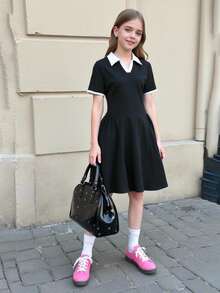 SHEIN Tween Girls Polo Collar Short Sleeve Split A-Line Mini Dress, Fashionable And Summer, Casual Cute, Daily School, Outfit Black And White - Black - View 4