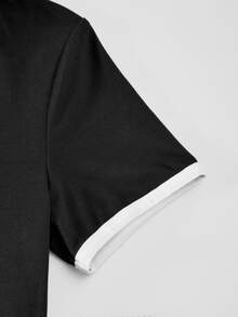 SHEIN Tween Girls Polo Collar Short Sleeve Split A-Line Mini Dress, Fashionable And Summer, Casual Cute, Daily School, Outfit Black And White - Black - View 7