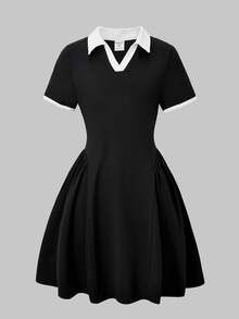 SHEIN Tween Girls Polo Collar Short Sleeve Split A-Line Mini Dress, Fashionable And Summer, Casual Cute, Daily School, Outfit Black And White - Black - View 6