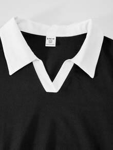 SHEIN Tween Girls Polo Collar Short Sleeve Split A-Line Mini Dress, Fashionable And Summer, Casual Cute, Daily School, Outfit Black And White - Black - View 10