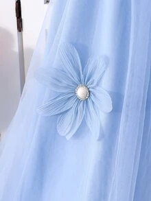 SHEIN 优雅时尚荷叶边珍珠装饰网纱女童连衣裙 - 淺藍色 - 查看 7