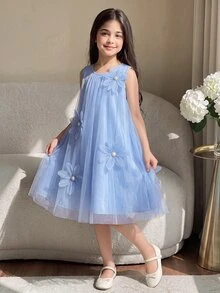 SHEIN 优雅时尚荷叶边珍珠装饰网纱女童连衣裙 - 淺藍色 - 查看 3