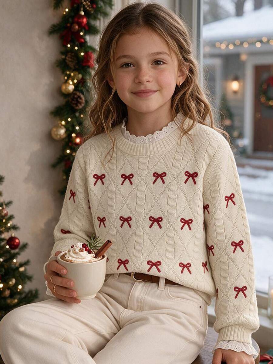 SHEIN Tween Girl Casual Solid White Color Round Neck Long Sleeve Knitted Sweater, Autumn/Winter, Chic Insulation Knit For Tween Girl Textured Sweaters - Multicolor - View 1