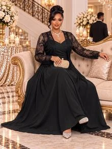 Fleurora Plus Size Women's Lace Long Sleeve Open Front Top And Cami Dress Elegant 2 Pieces Set Fall - Black - View 2