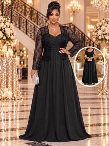 Fleurora Plus Size Women's Lace Long Sleeve Open Front Top And Cami Dress Elegant 2 Pieces Set Fall - Black - View 1