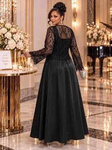 Fleurora Plus Size Women's Lace Long Sleeve Open Front Top And Cami Dress Elegant 2 Pieces Set Fall - Black - View 3