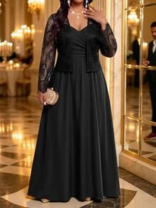Fleurora Plus Size Women's Lace Long Sleeve Open Front Top And Cami Dress Elegant 2 Pieces Set Fall - Black - View 6