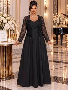 Fleurora Plus Size Women's Lace Long Sleeve Open Front Top And Cami Dress Elegant 2 Pieces Set Fall - Black - View 5