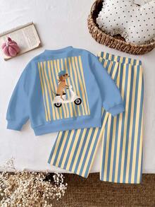 Young Girl Casual Loose Kids Drop Shoulder Long Sleeve Autumn Sweatshirt & Pleated Wide Leg Sweatpants Set With Fleece Lining - Multicolor - View 4