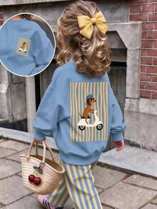 Young Girl Casual Loose Kids Drop Shoulder Long Sleeve Autumn Sweatshirt & Pleated Wide Leg Sweatpants Set With Fleece Lining - Multicolor - View 3