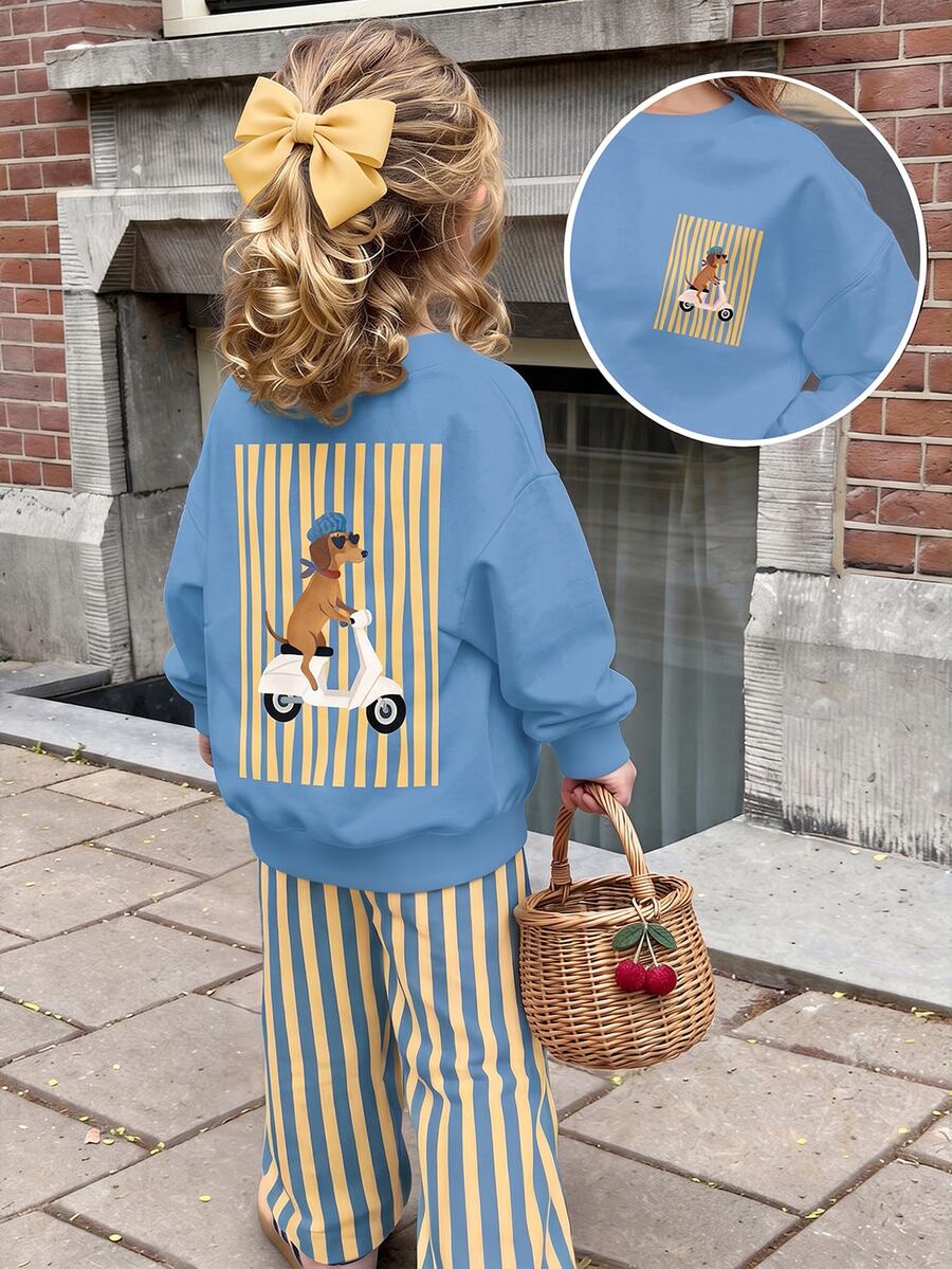 Young Girl Casual Loose Kids Drop Shoulder Long Sleeve Autumn Sweatshirt & Pleated Wide Leg Sweatpants Set With Fleece Lining - Multicolor - View 1