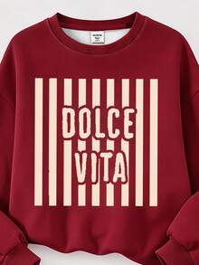 酒紅與杏色條紋 時尚復古美式甜美 DOLCE VITA 字母印花 女款休閒舒適軟絨內裡 寬鬆落肩長袖套頭運動衫與寬腿運動長褲 2件套，適合秋冬日常穿搭、街頭風、復古女孩風、高街女孩、甜美慵懶隨性風格 - 白色 - 查看 4