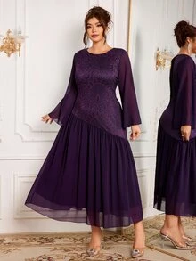 Modelyn Women's Elegant French Style High-End Round Neck Lace Patchwork Flared Long Sleeve Formal Evening Dress Plus Size - Purple - View 4