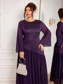 Modelyn Women's Elegant French Style High-End Round Neck Lace Patchwork Flared Long Sleeve Formal Evening Dress Plus Size - Purple - View 3