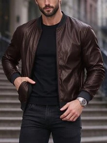 EGENSIO Men's Autumn Fashion Versatile Jacket, Bomber - Coffee Brown - View 5