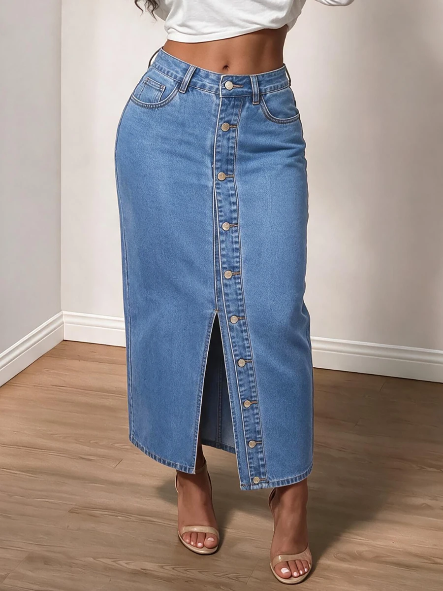 BamGleam Women's Street Style All-Season Long Button-Front High Slit Fitted Blue Denim Skirt - Medium Wash - View 1