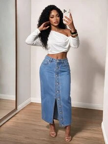 BamGleam Women's Street Style All-Season Long Button-Front High Slit Fitted Blue Denim Skirt - Medium Wash - View 9