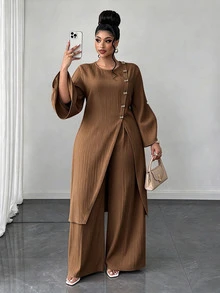 Maweii Women's Round Neck Button Long Top And Wide Leg Pants Casual Daily 2 Pieces Set Fall - Mocha Brown - View 1