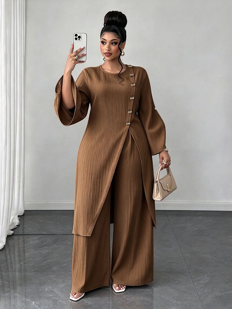 Maweii Women's Round Neck Button Long Top And Wide Leg Pants Casual Daily 2 Pieces Set Fall - Mocha Brown - View 1