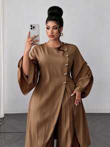 Maweii Women's Round Neck Button Long Top And Wide Leg Pants Casual Daily 2 Pieces Set Fall - Mocha Brown - View 5