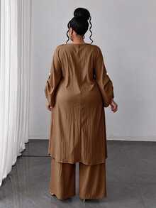 Maweii Women's Round Neck Button Long Top And Wide Leg Pants Casual Daily 2 Pieces Set Fall - Mocha Brown - View 2