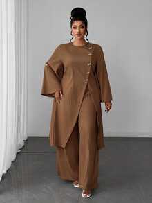 Maweii Women's Round Neck Button Long Top And Wide Leg Pants Casual Daily 2 Pieces Set Fall - Mocha Brown - View 6