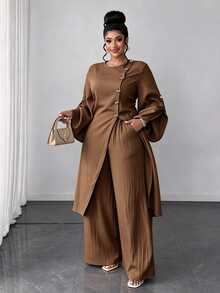 Maweii Women's Round Neck Button Long Top And Wide Leg Pants Casual Daily 2 Pieces Set Fall - Mocha Brown - View 4