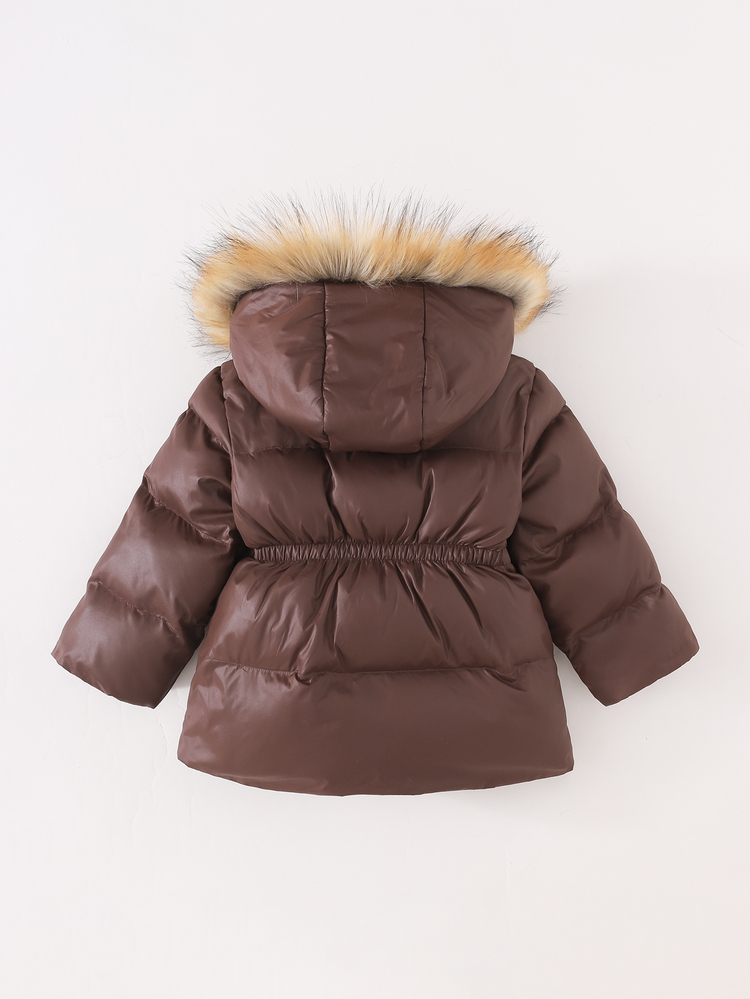 SHEIN Baby Girl Baby Girl Woven Solid Color Faux Fur Hooded Casual Versatile All-Match Padded Coat, Brown Mid-Length Waist-Cinching, Suitable For Autumn/Winter - Multicolor - View 3