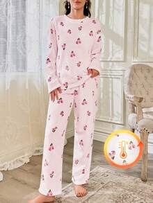 CottageSlumber 印花抓绒长袖上衣和长裤女士蓬松睡衣套装，适合假日、秋冬季穿着，舒适保暖。 - 淺粉色 - 查看 5