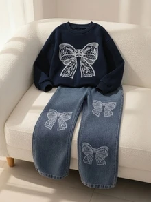SHEIN 青少年女孩秋季套裝 2件/組圓領黑白藍休閒韓系可愛俏皮蝴蝶結印花衛衣水洗低腰... - 彩色 - 查看 4