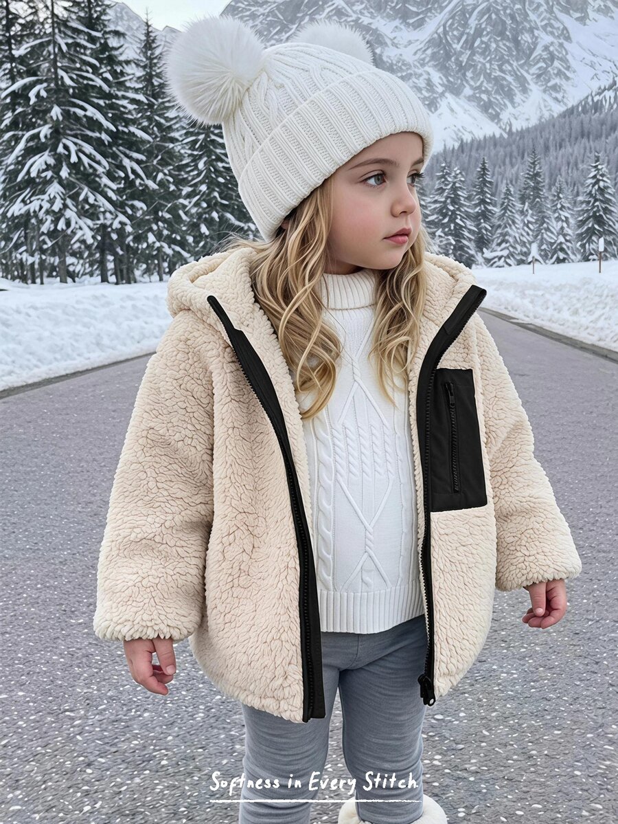Cozy Pixies Kids Young Girl Bubble Fleece Thick Contrast Color Hooded Long Sleeve Open Front Winter Jacket - Black - View 1
