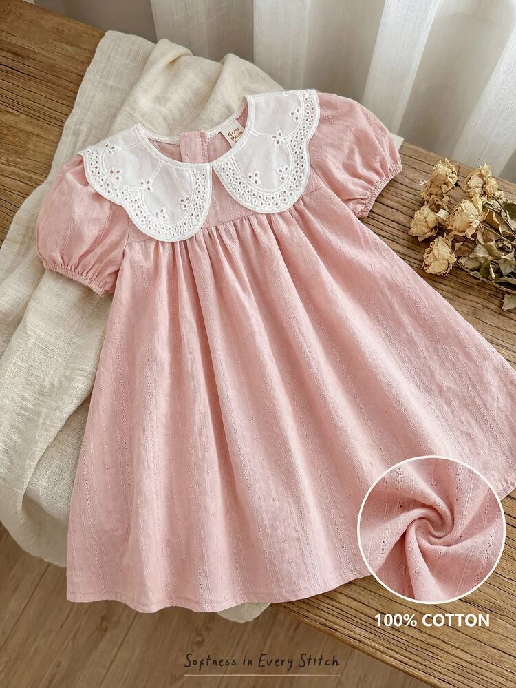 Cozy Pixies Baby Girl Contrast Ruffle Collar Puff Sleeve Cinched Waist Casual Versatile Mini Dress - Pink - View 3