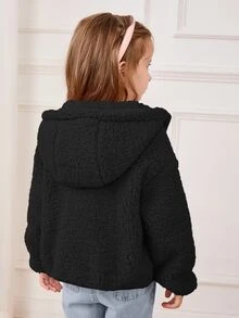 Cozy Pixies 女童泡泡抓絨加厚撞色連帽長袖開襟冬季外套 - 黑色 - 查看 6