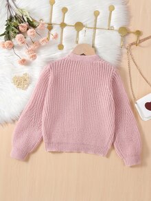 SHEIN 女童針織開襟毛衣外套，嬰兒粉色秋季返校款，V領燈籠袖針織紋理，極簡優雅可愛羅紋袖口，舒適保暖 - 粉色 - 查看 2