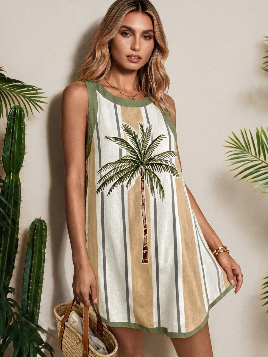 Vaclyn Women's Vacation Palm Tree Striped Round Neck Sleeveless Mini Dress