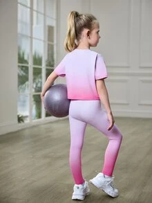 SHEIN 少女白色漸層印花運動套裝，夏季健身套裝，寬鬆上衣搭配高彈力彈性緊身褲，柔軟舒適戶外牛仔風 - 粉色 - 查看 7