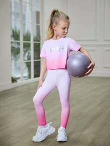 SHEIN 少女白色漸層印花運動套裝，夏季健身套裝，寬鬆上衣搭配高彈力彈性緊身褲，柔軟舒適戶外牛仔風 - 粉色 - 查看 8