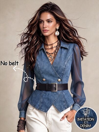 Breezaya Women's Fall Vintage Smart Casual Denim Effect Patchwork Chiffon Lapel Cross V-Neck Puff Sleeve Slimming Elegant Blouse Shirt For Office Going Out