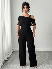 Elenzga Plus Size Women Casual Solid Color Minimalist Asymmetric Jumpsuit - Black - View 5